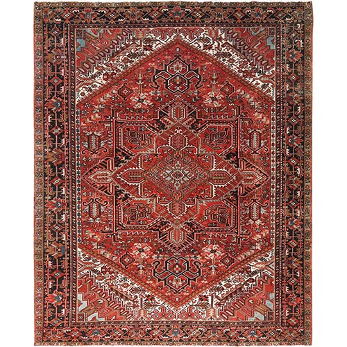 Tomato Red, Hand Knotted, Sides and Ends Professionally Secured, cleaned, Vintage Persian Heriz, Worn Down with Distressed Look, Oriental 