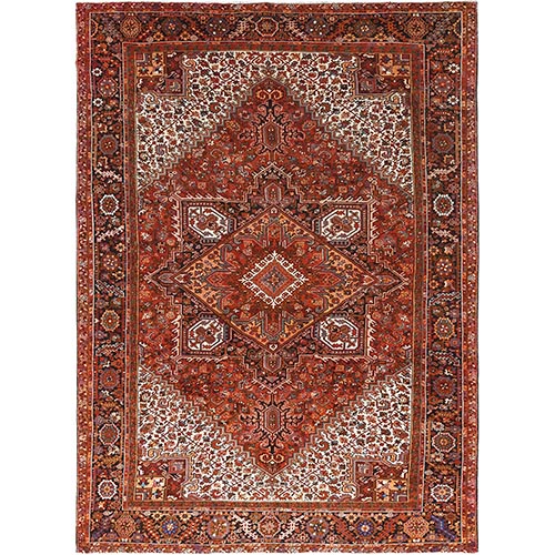 Rust Red, Ivory Color Corners, Good Condition, Sides and Ends Professionally Secured, cleaned, Areas of Worn Wool, Semi Antique Persian Heriz, Hand Knotted, Oriental 