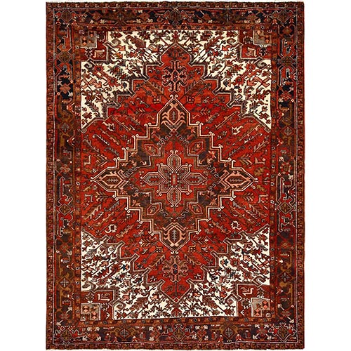 Tomato Red, Vintage Bohemian Persian Heriz, Large Geometric Medallion, Evenly Worn, Pure Wool, Hand Knotted, Good Condition, Distressed Feel, Sides and Ends Professionally Secured, Cleaned, Oriental 