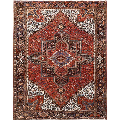 Imperial Red, Semi Antique Bohemian Persian Heriz, Good Condition, Rustic Look, Pure Wool, Hand Knotted, Sides and Ends Professionally Secured, Cleaned, Oriental 