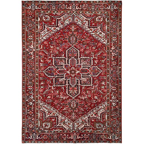 Ajax Red, Pure Wool, Hand Knotted, Vintage Bohemian Persian Heriz, Large Geometric Medallion, Good Condition, Rustic Look, Sides and Ends Professionally Secured, Cleaned, Oriental 