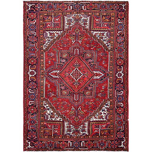 Carmine Red, Semi Antique Bohemian Persian Heriz, Good Condition, Distressed Feel, Evenly Worn, Pure Wool, Hand Knotted, Sides and Ends Professionally Secured, Cleaned, Oriental 