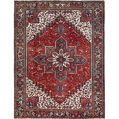 Crimson Red, Hand Knotted, Semi Antique Bohemian Persian Heriz, Large Geometric Medallion, Good Condition, Distressed Feel, Evenly Worn, Pure Wool, Sides and Ends Professionally Secured, Cleaned, Oriental 