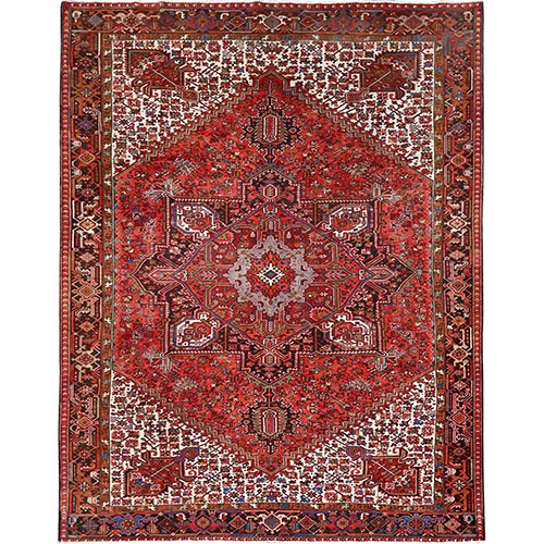 Imperial Red with Ivory Corners, Pure Wool, Hand Knotted, Semi Antique Bohemian Persian Heriz, Good Condition, Rustic Feel, Sides and Ends Professionally Secured, Cleaned, Oriental 