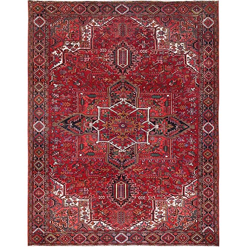 Desire Red, Hand Knotted, Semi Antique Bohemian Persian Heriz, Good Condition, Distressed Look, Pure Wool, Sides and Ends Professionally Secured, Cleaned, Oriental 