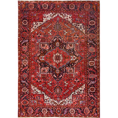 Prismatic Red, Pure Wool, Hand Knotted, Semi Antique Bohemian Persian Heriz, Good Condition, Rustic Look, Sides and Ends Professionally Secured, Cleaned, Oriental 