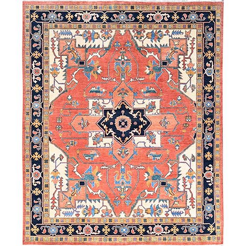 Burnt Orange, Afghan Peshawar with Serapi Heriz Design, Dense Weave, Vegetable Dyes, Natural Wool, Hand Knotted, Oriental Rug