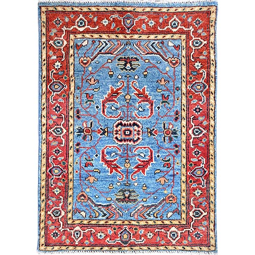 Denim Blue, Natural Wool, Hand Knotted, Dense Weave, Afghan Peshawar with Serapi Heriz Design, Natural Dyes, Mat Oriental Rug