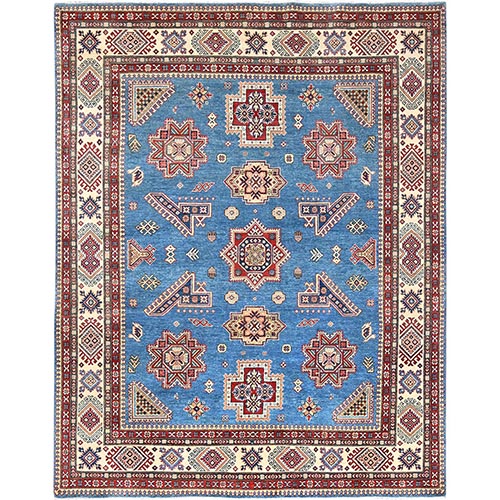 Cerulean Blue, Soft Wool, Vegetable Dyes, Hand Knotted, Special Kazak with Geometric Elements, Oriental Rug