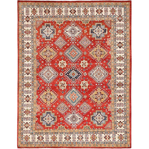 Rose Red, Hand Knotted, Natural Dyes, Extra Soft Wool, Special Kazak with Geometric Medallions, Oriental Rug