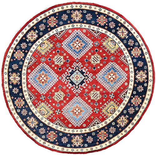 Crimson Red, Vegetable Dyes, Extra Soft Wool, Special Kazak with Geometric Elements, Hand Knotted, Round Oriental Rug
