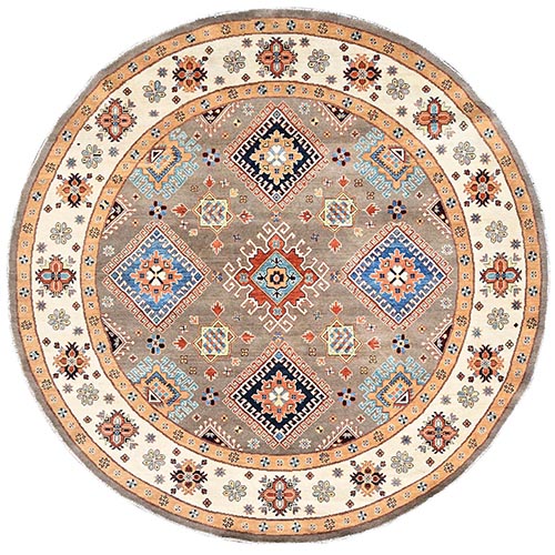 Tortilla Brown, Special Kazak with Large Elements, Natural Dyes, Hand Knotted, 100% Wool, Round Oriental Rug