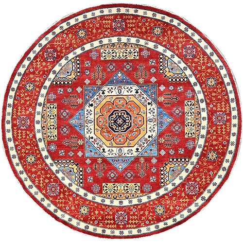 Apple Red, Hand Knotted, Natural Wool, Vegetable Dyes, Special Kazak with All Over Medallions, Round Oriental Rug