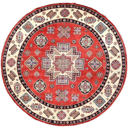Crimson Red, Special Kazak with Geometric Medallions, Natural Dyes, Pure Wool, Hand Knotted, Round Oriental Rug