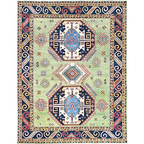 Olive Green, Special Kazak with Geometric Elements, Natural Dyes, Extra Soft Wool, Hand Knotted, Oriental Rug