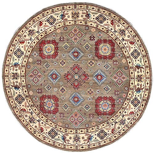 Peanut Brown, Natural Wool, Natural Dyes, Special Kazak with Geometric Medallions, Hand Knotted, Round Oriental Rug