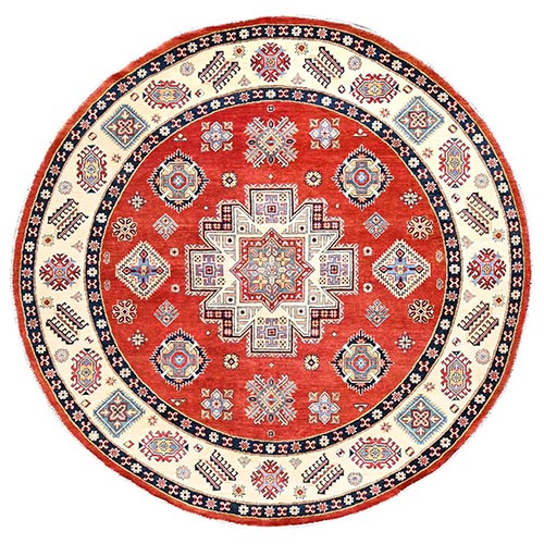Candy Red, Hand Knotted, Vegetable Dyes, Special Kazak with Geometric Medallions, Pure Wool, Round Oriental Rug