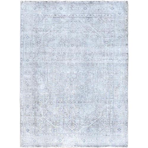 Ash Gray, Vintage Persian Tabriz, Distressed, Sheared Low, Soft Wool, Hand Knotted, Oriental Rug