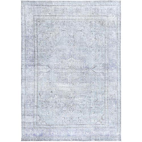 Blue Gray, Hand Knotted, Vintage Persian Tabriz, Distressed Look, Cropped Thin, Pure Wool, Oriental Rug