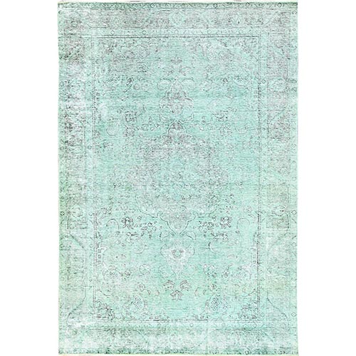 Celadon Green, Overdyed, Worn Wool, Hand Knotted, Vintage Persian Tabriz, Distressed Feel, Worn Down, Oriental Rug