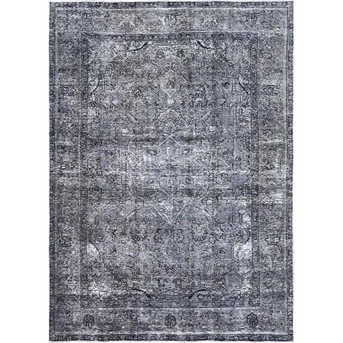Slate Gray, Sheared Low, Overdyed, Worn Wool, Hand Knotted, Vintage Persian Tabriz, Distressed Look, Oriental Rug