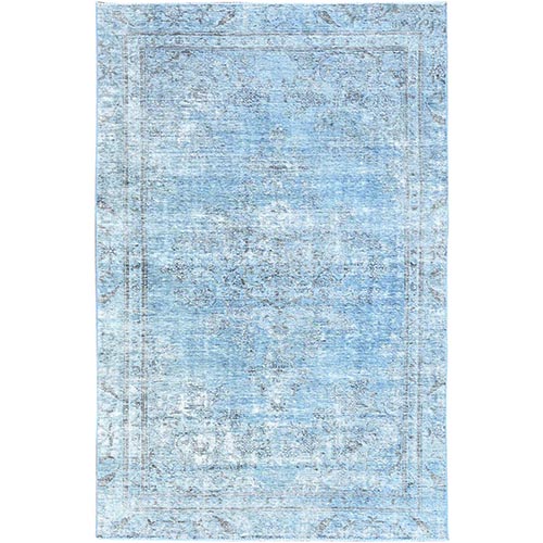Powder Blue, Vintage Persian Tabriz, Distressed Look, Sheared Low, Overdyed, Worn Wool, Hand Knotted, Oriental Rug