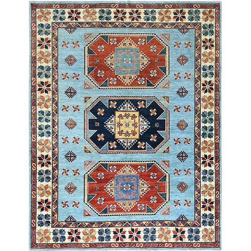 Sky Blue, Armenian Inspired Caucasian Design with Large Medallions 200 KPSI, Vegetable Dyes, Extra Soft Wool Hand Knotted Oriental 