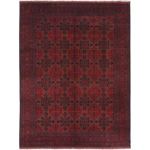 Ruby Red, Afghan Andkhoy with Geometric Motif, Extra Soft Wool, Hand Knotted Oriental 