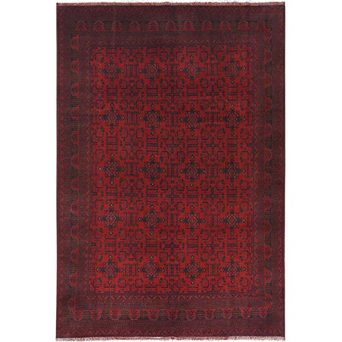 Scarlet Red, Afghan Andkhoy with Geometric Motif, Pure Wool, Hand Knotted Oriental 