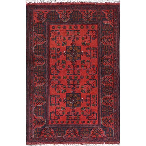Rose Red, Afghan Andkhoy with Geometric Pattern, Pure Wool, Hand Knotted Oriental 