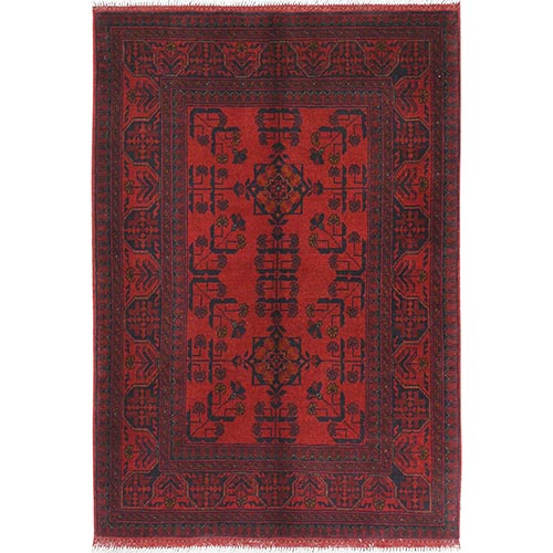 Candy Red, Afghan Andkhoy with Geometric Motif, Soft Wool, Hand Knotted Oriental 