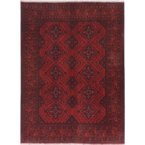 Crimson Red, Afghan Andkhoy with Geometric Motif, Pure Wool, Hand Knotted Oriental 