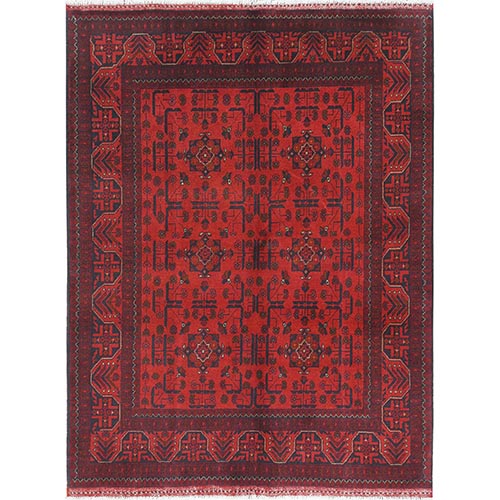 Crimson Red, Afghan Andkhoy with Geometric Pattern, Natural Wool, Hand Knotted Oriental 