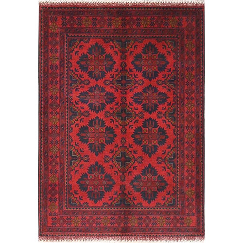 Lipstick Red, Afghan Andkhoy with Rosette Design, Soft Wool, Hand Knotted Oriental 