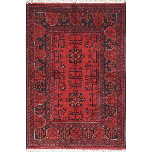 Cherry Red, Afghan Andkhoy with Tribal Design, Extra Soft Wool, Hand Knotted Oriental 