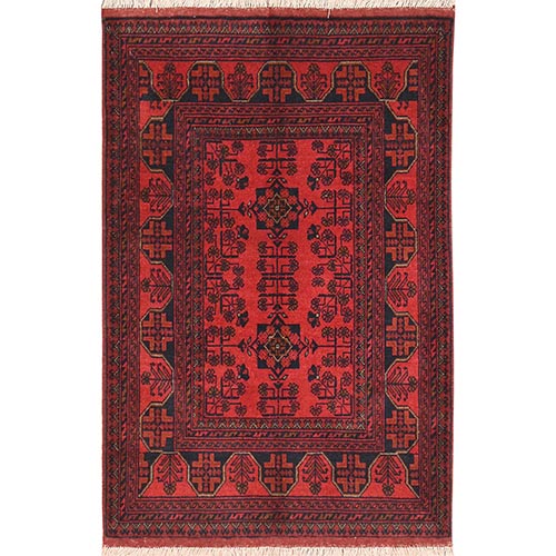 Ruby Red, Afghan Andkhoy with Village Design, Natural Wool, Hand Knotted Oriental Rug