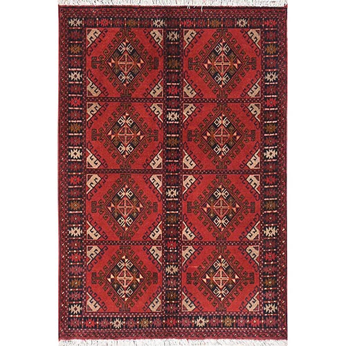 Scarlet Red, Afghan Andkhoy with Geometric Pattern, Organic Wool, Hand Knotted Oriental 