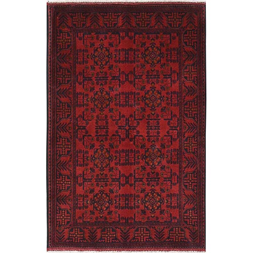 Cherry Red, Afghan Andkhoy with Geometric Pattern, Matt Wool, Hand Knotted Oriental Rug