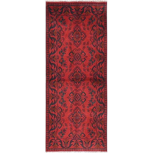 Imperial Red, Afghan Andkhoy with Geometric Patterns, Soft Wool, Hand Knotted, Runner Oriental 