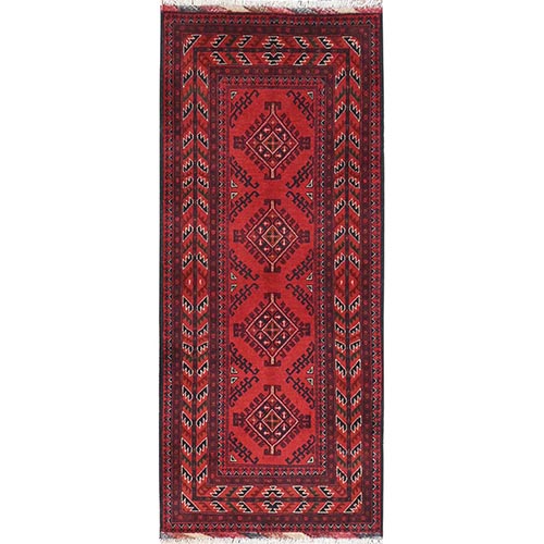 Imperial Red, Afghan Andkhoy with Geometric Patterns, Natural Wool, Hand Knotted, Runner Oriental 