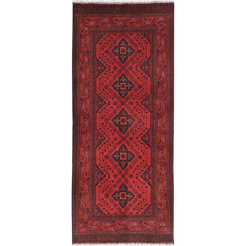 Imperial Red, Afghan Andkhoy with Geometric Patterns, Organic Wool, Hand Knotted, Runner Oriental 