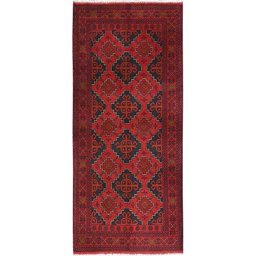 Imperial Red, Afghan Andkhoy with Geometric Patterns, 100% Wool, Hand Knotted, Runner Oriental 