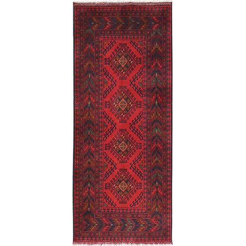 Imperial Red, Afghan Andkhoy with Geometric Patterns, Pure Wool, Hand Knotted, Runner Oriental 