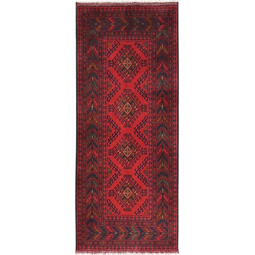 Imperial Red, Afghan Andkhoy with Geometric Patterns, Pure Wool, Hand Knotted, Runner Oriental 