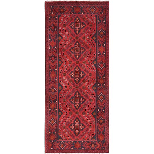 Imperial Red, Afghan Andkhoy with Geometric Pattern, Natural Wool, Hand Knotted, Runner Oriental 