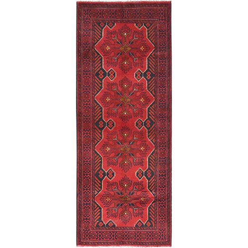 Imperial Red, Afghan Andkhoy with Geometric Pattern, Organic Wool, Hand Knotted, Runner Oriental 