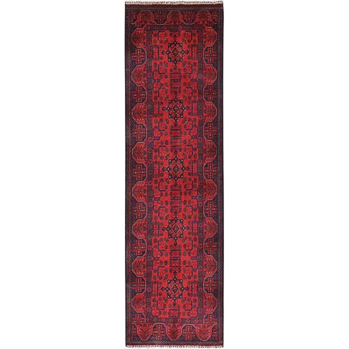 Imperial Red, Afghan Andkhoy with Geometric Patterns, Pure Wool, Hand Knotted, Runner Oriental Rug