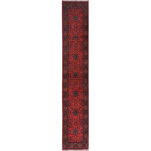Imperial Red, Afghan Andkhoy with Geometric Patterns, 100% Wool, Hand Knotted, XL Runner Oriental 