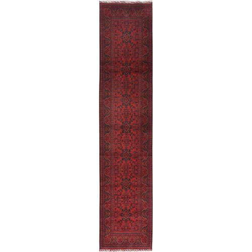 Rose Red, Afghan Andkhoy with Geometric Pattern, Pure Wool Hand Knotted, Runner Oriental 