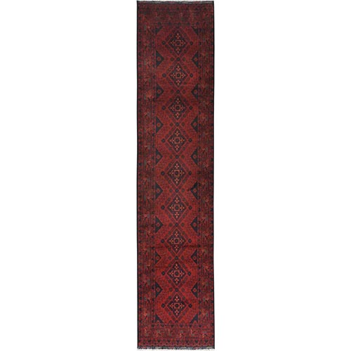 Cherry Red, Afghan Andkhoy with Geometric Pattern, Organic Wool Hand Knotted, Runner Oriental 